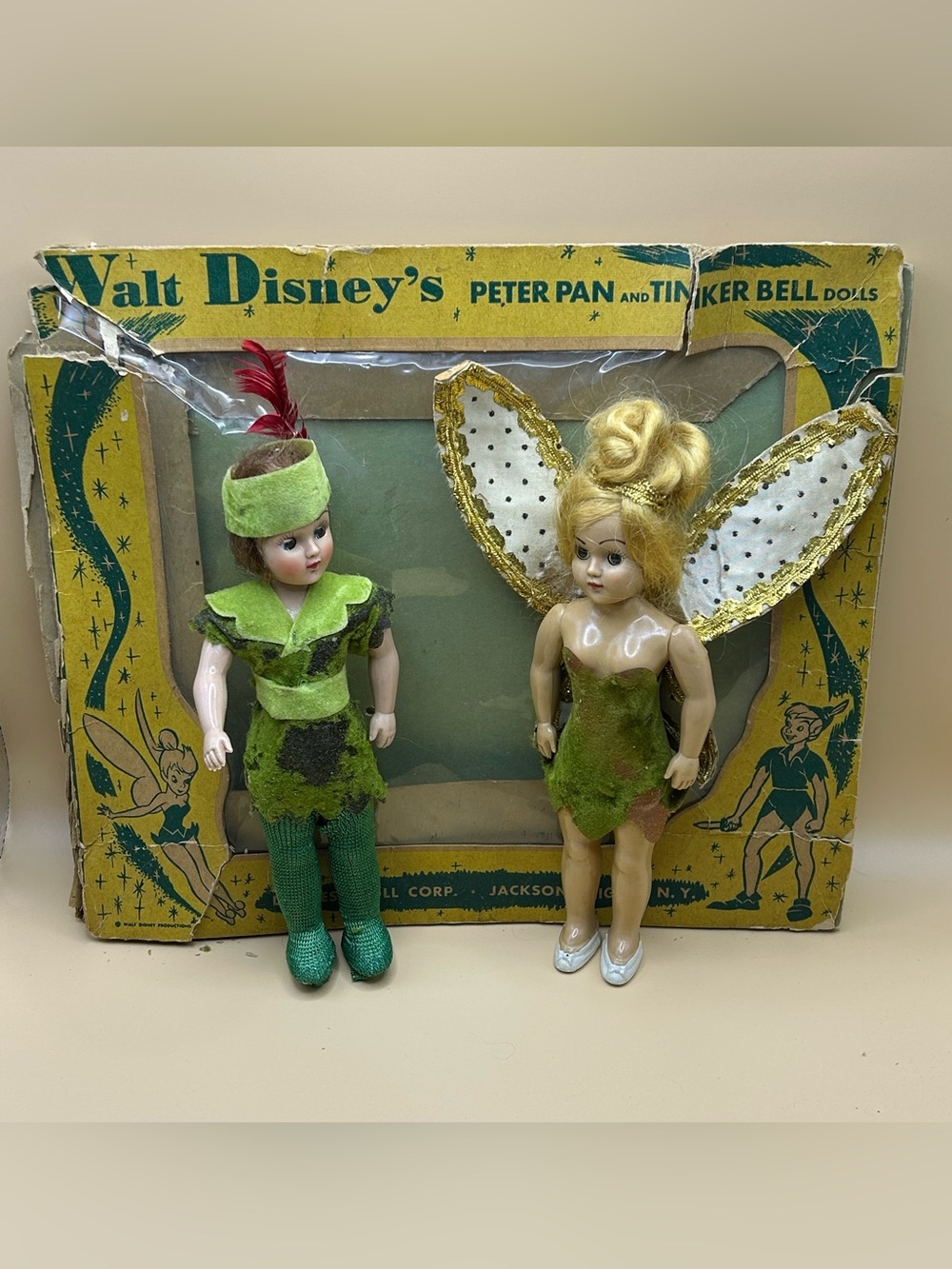 Vintage 1950s Walt Disneys Peter Pan and Tinker Bell Duchess Dolls 8” w/Box.